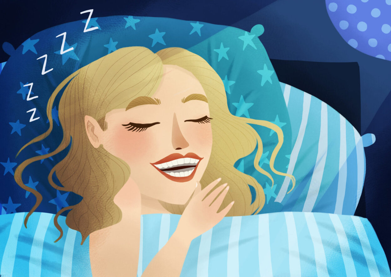 Illustration of a blonde woman sleeping soundly with a nightguard in to protect your teeth from grinding