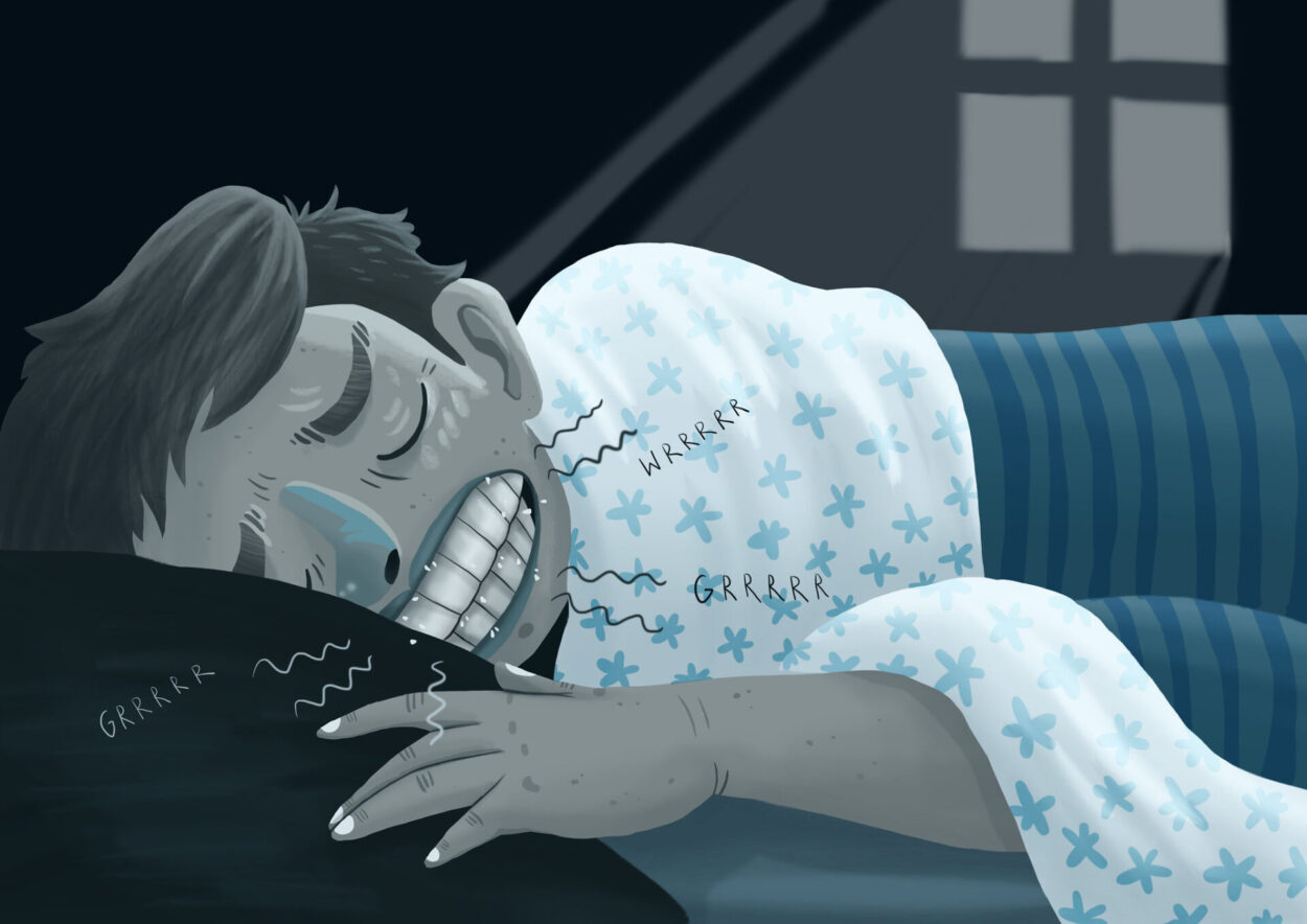 Illustration of a sleeping man grinding his teeth during the night in his bed