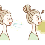 Illustration of a brunette woman with fresh breath next to herself when she has bad breath